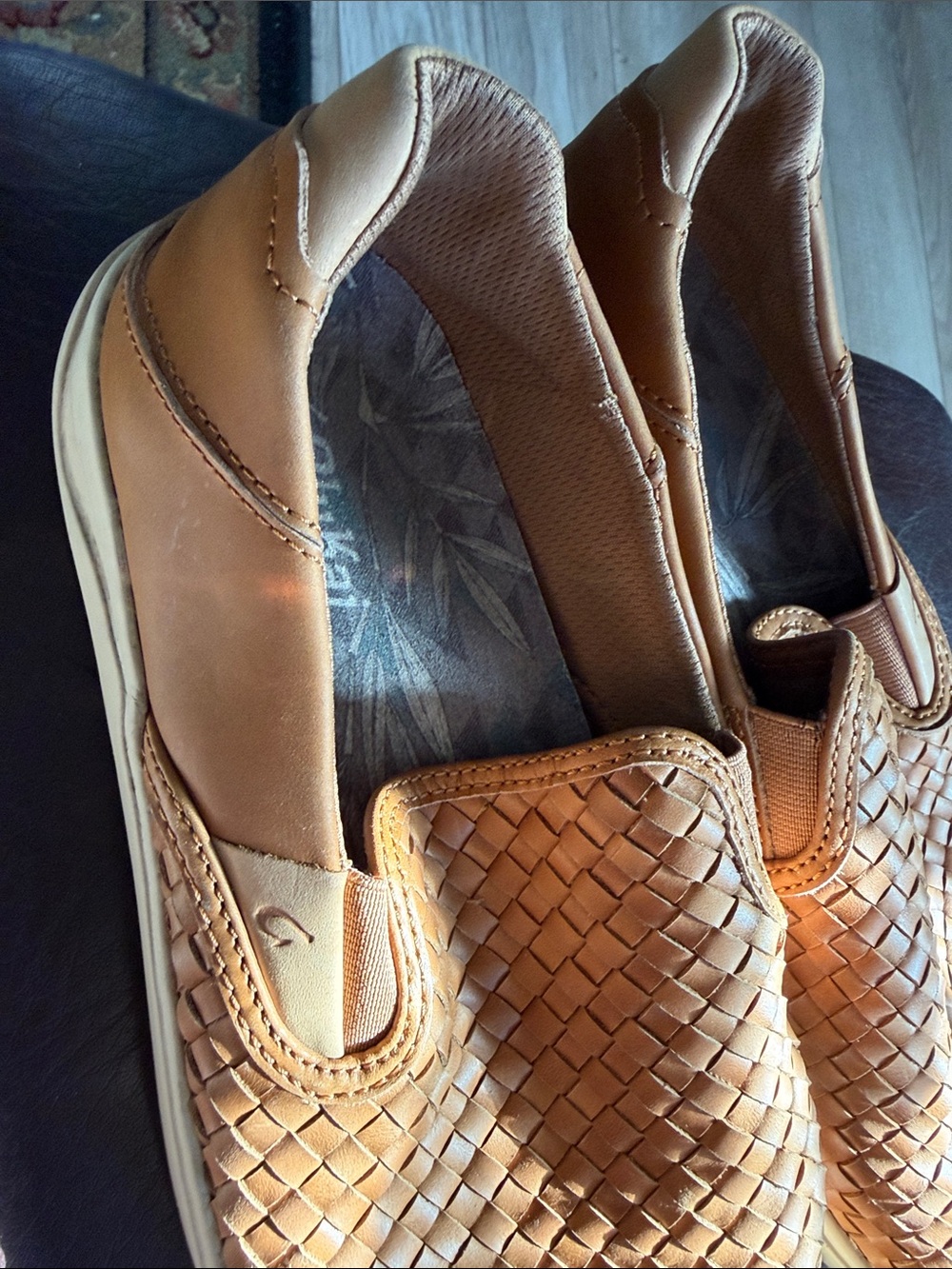 OluKai Men’s Woven leather Slip-On Sneakers - Cognac - Picture 7 of 12